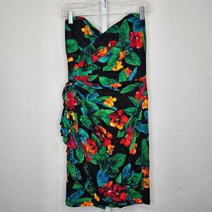 Vintage A.J. Bari Petites 100% Silk Strapless Tropical Floral Cocktail Dress 10P